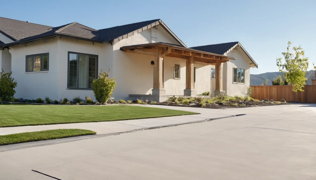 Freshly poured concrete driveway being finished beside a stucco ranch home in the Menifee area