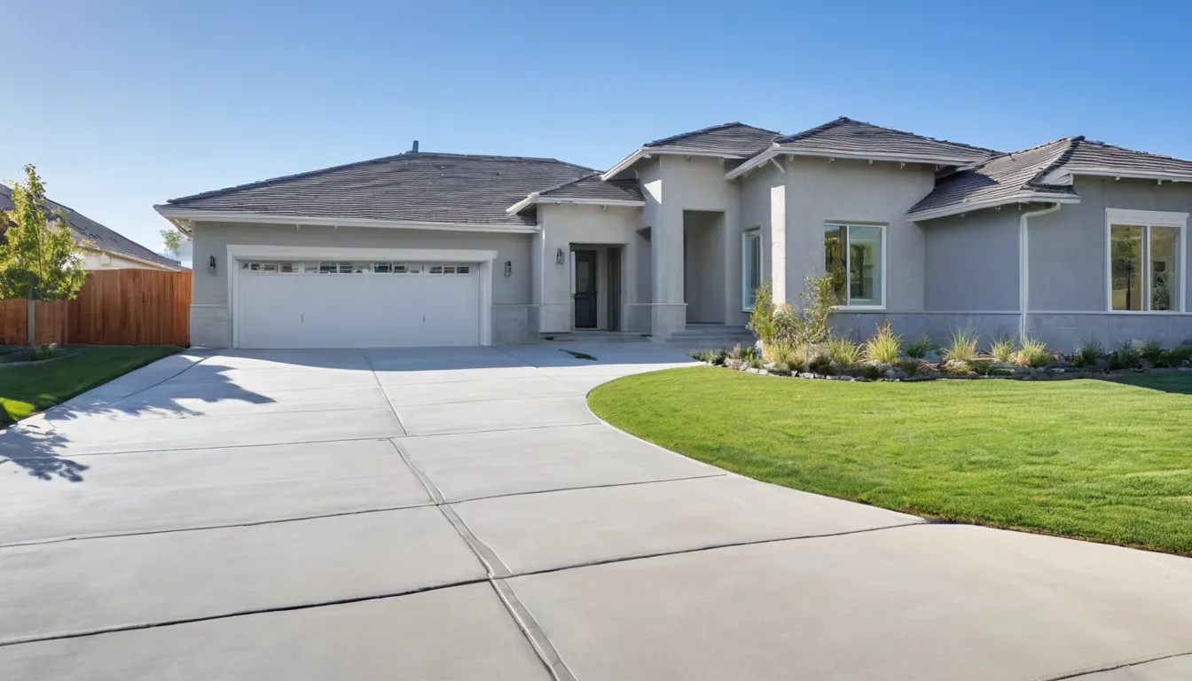 A freshly poured concrete driveway beside a stucco home in Menifee