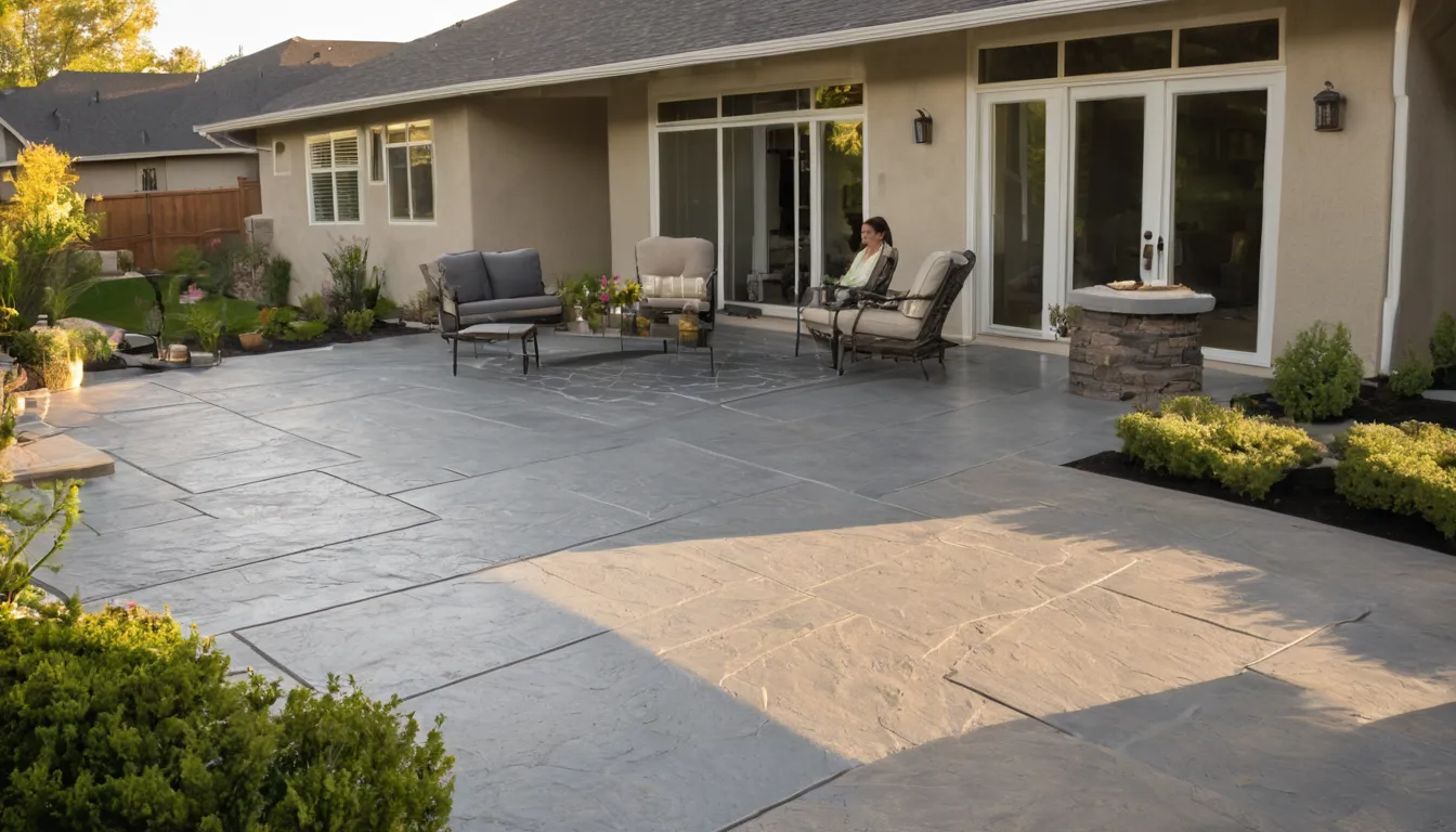 Stamped concrete patio with a slate pattern beside a stucco home in Menifee